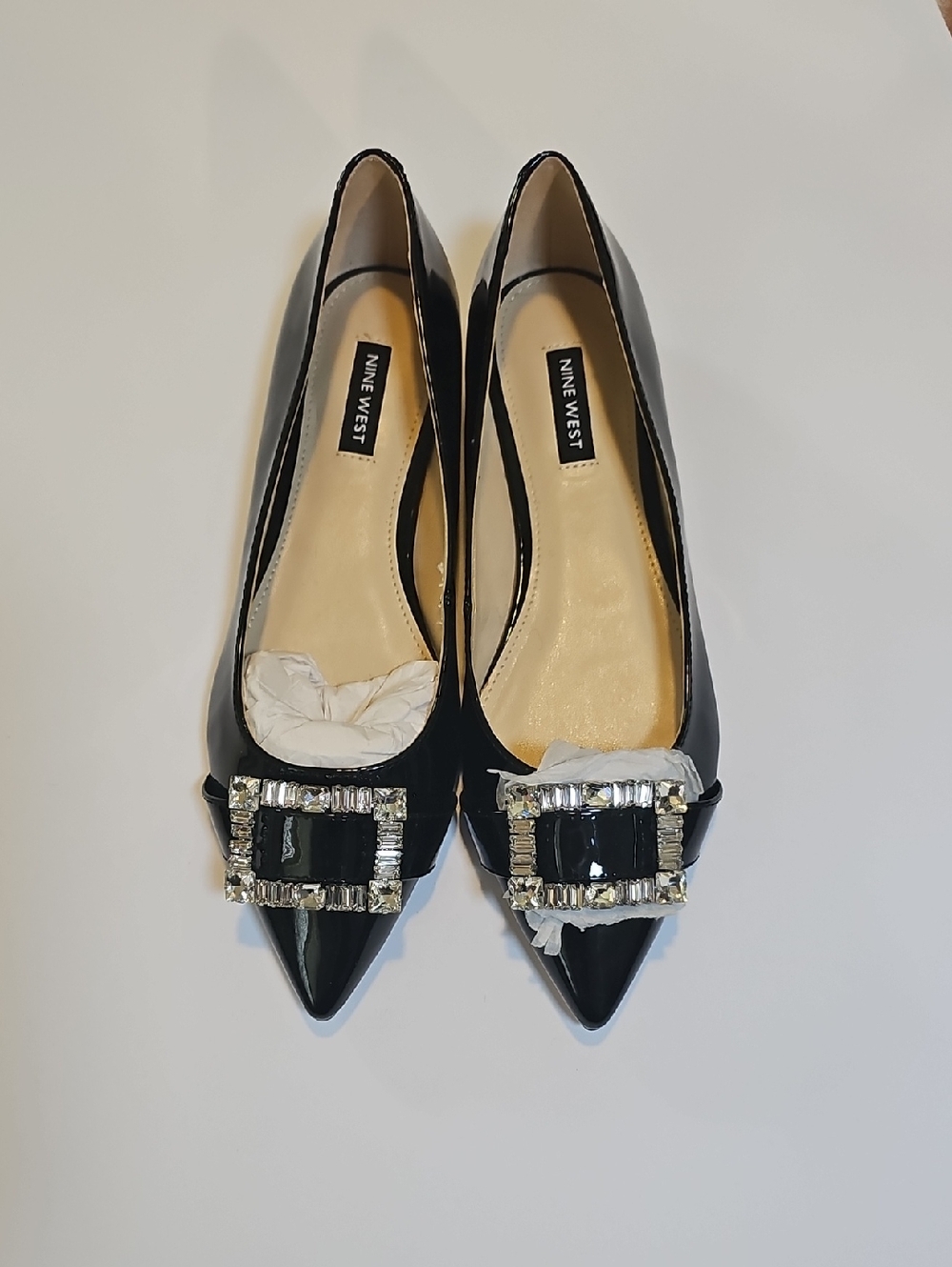 Nine West Black Patent Leather Crystal Bling Buckle Pointed Toe Ballet Flats